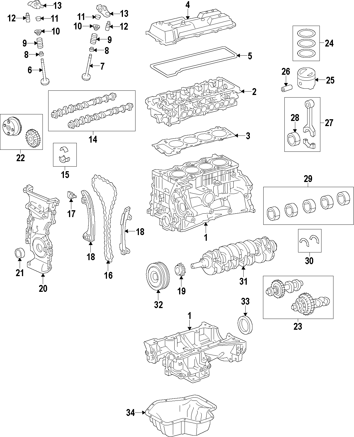 Diagram CAMSHAFT & TIMING. CRANKSHAFT & BEARINGS. CYLINDER HEAD & VALVES. LUBRICATION. MOUNTS. PISTONS. RINGS & BEARINGS. for your 2003 Toyota Tacoma  Base Extended Cab Pickup Stepside 