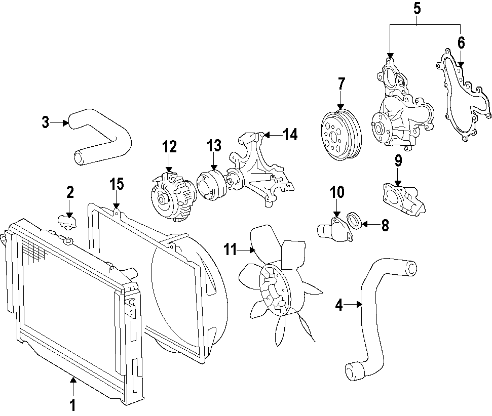 Diagram COOLING SYSTEM. COOLING FAN. RADIATOR. WATER PUMP. for your 2007 Toyota Tundra 4.7L V8 A/T RWD Base Standard Cab Pickup Fleetside 