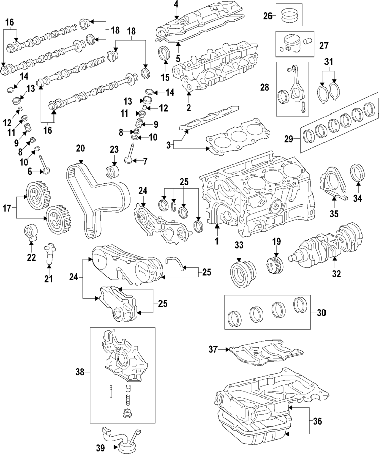 Diagram CAMSHAFT & TIMING. CRANKSHAFT & BEARINGS. CYLINDER HEAD & VALVES. LUBRICATION. MOUNTS. PISTONS. RINGS & BEARINGS. for your 2008 Toyota Highlander   