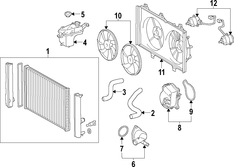 Diagram COOLING SYSTEM. COOLING FAN. RADIATOR. WATER PUMP. for your 2019 Toyota Corolla 1.8L CVT XSE Sedan 