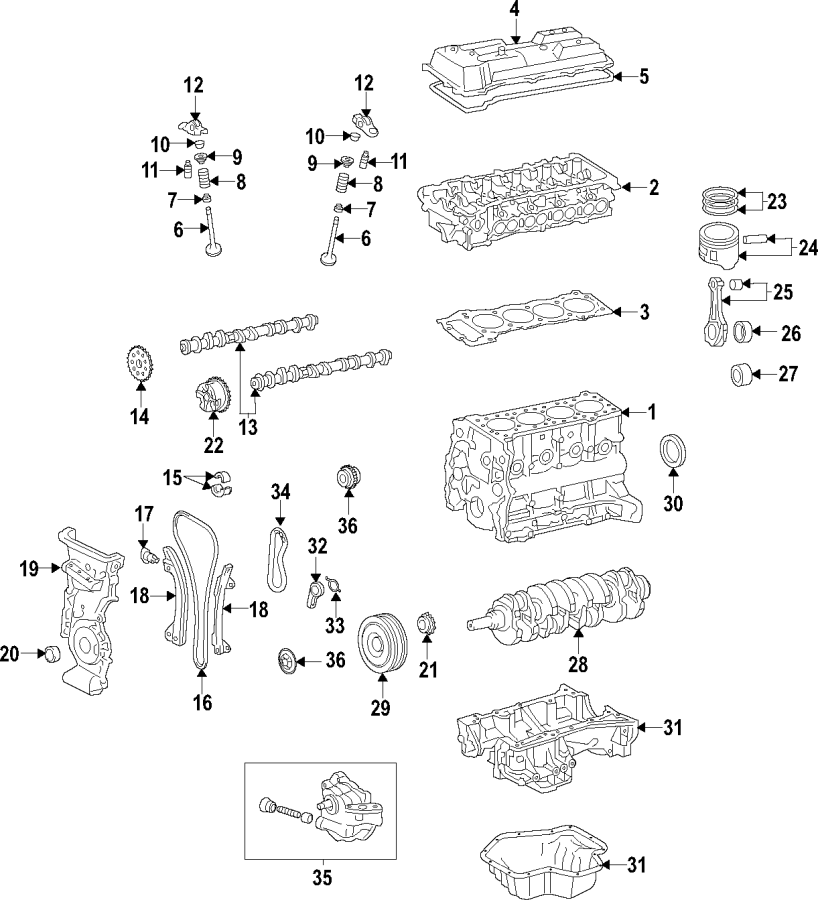 Diagram CAMSHAFT & TIMING. CRANKSHAFT & BEARINGS. CYLINDER HEAD & VALVES. LUBRICATION. MOUNTS. PISTONS. RINGS & BEARINGS. for your Toyota