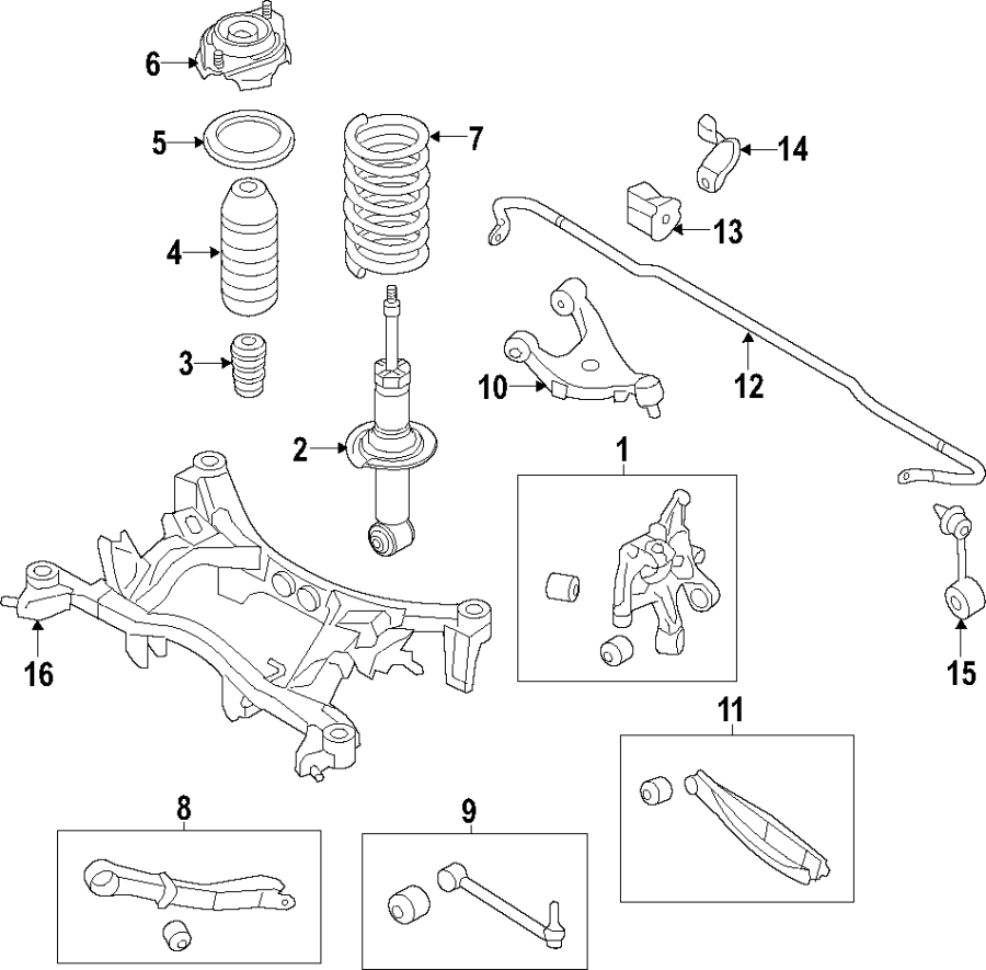 Diagram REAR SUSPENSION. LOWER CONTROL ARM. STABILIZER BAR. SUSPENSION COMPONENTS. UPPER CONTROL ARM. for your 2004 Toyota Matrix  Base Wagon 