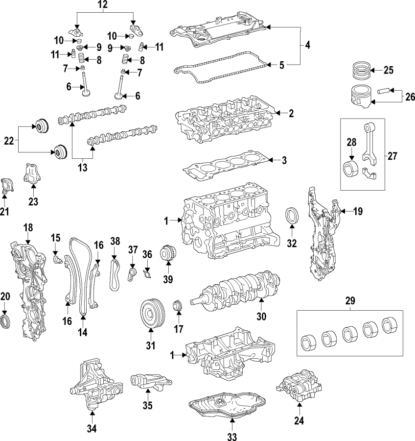 Diagram CAMSHAFT & TIMING. CRANKSHAFT & BEARINGS. CYLINDER HEAD & VALVES. LUBRICATION. MOUNTS. PISTONS. RINGS & BEARINGS. for your 2020 Toyota Tacoma   