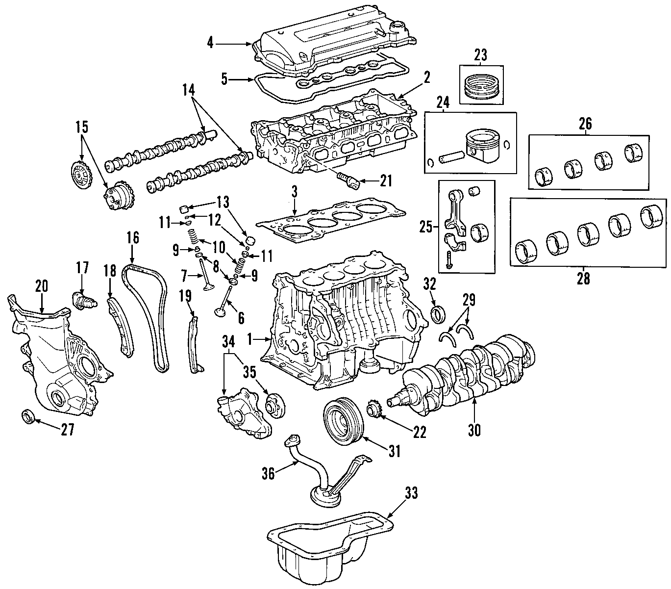 Diagram CAMSHAFT & TIMING. CRANKSHAFT & BEARINGS. CYLINDER HEAD & VALVES. LUBRICATION. MOUNTS. PISTONS. RINGS & BEARINGS. for your 2008 Toyota Tacoma 2.7L M/T 4WD Base Crew Cab Pickup Fleetside 