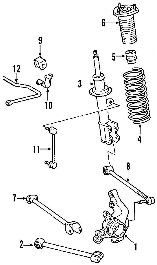 Diagram REAR SUSPENSION. LOWER CONTROL ARM. STABILIZER BAR. SUSPENSION COMPONENTS. UPPER CONTROL ARM. for your 2002 Toyota Celica  GT Hatchback 