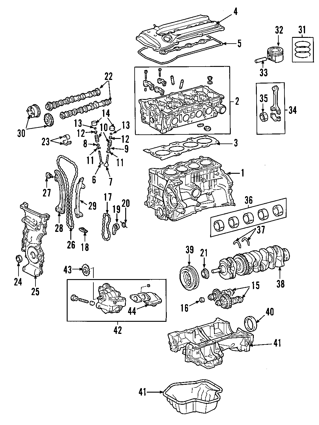 Diagram CAMSHAFT & TIMING. CRANKSHAFT & BEARINGS. CYLINDER HEAD & VALVES. LUBRICATION. MOUNTS. PISTONS. RINGS & BEARINGS. for your 2007 Toyota RAV4   