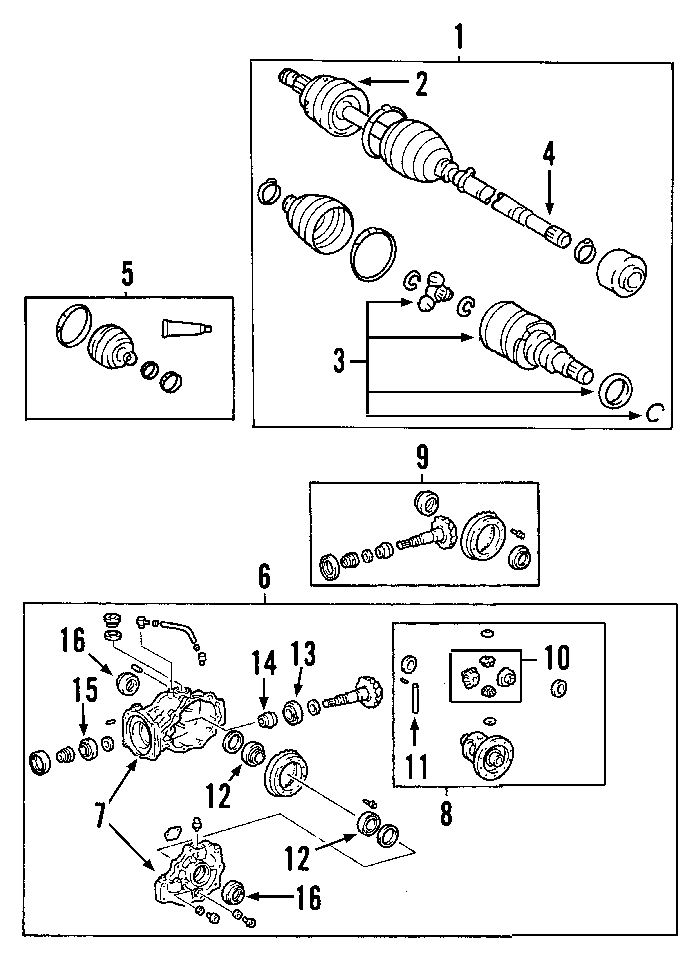 Diagram REAR AXLE. AXLE SHAFTS & JOINTS. DIFFERENTIAL. DRIVE AXLES. PROPELLER SHAFT. for your 2002 Toyota Corolla   