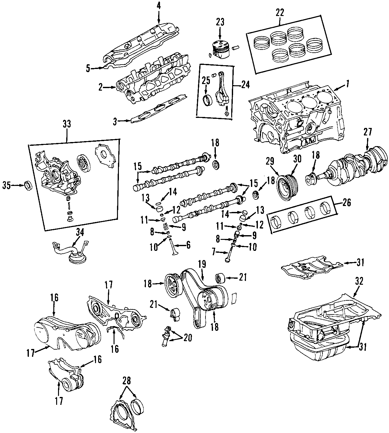 Diagram CAMSHAFT & TIMING. CRANKSHAFT & BEARINGS. CYLINDER HEAD & VALVES. LUBRICATION. MOUNTS. PISTONS. RINGS & BEARINGS. for your 1996 Toyota Tacoma   