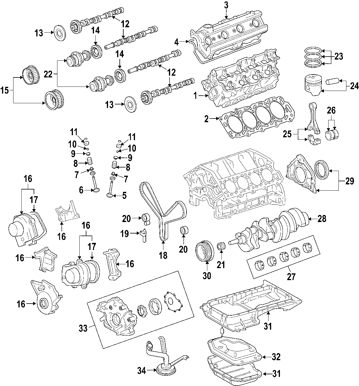 Diagram CAMSHAFT & TIMING. CRANKSHAFT & BEARINGS. CYLINDER HEAD & VALVES. LUBRICATION. MOUNTS. PISTONS. RINGS & BEARINGS. for your 2004 Toyota Tacoma   