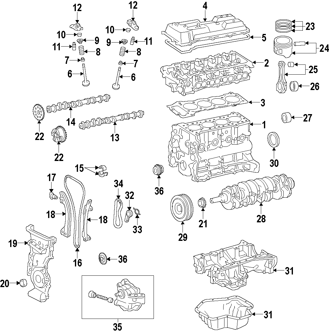 Diagram CAMSHAFT & TIMING. CRANKSHAFT & BEARINGS. CYLINDER HEAD & VALVES. LUBRICATION. MOUNTS. PISTONS. RINGS & BEARINGS. for your 1999 Toyota Tacoma   