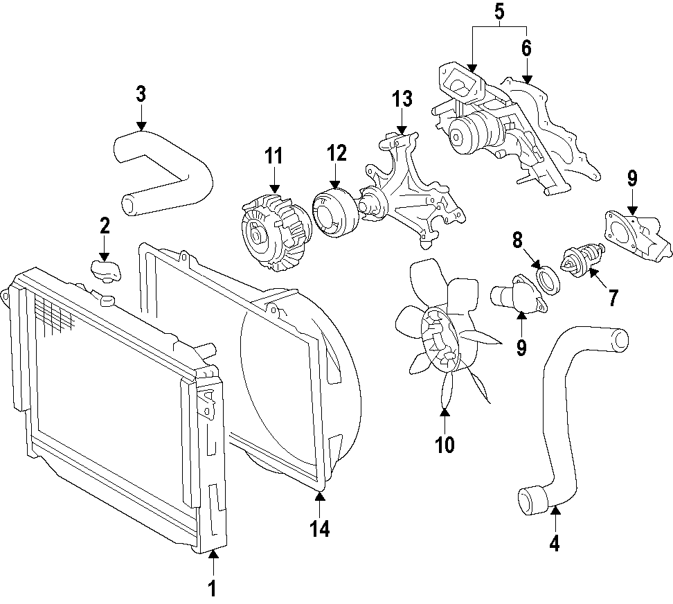 Diagram COOLING SYSTEM. COOLING FAN. RADIATOR. WATER PUMP. for your 2008 Toyota Tundra 5.7L i-Force V8 A/T 4WD Base Extended Cab Pickup Fleetside 