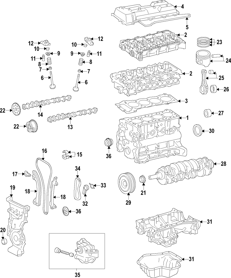 Diagram Camshaft & timing. Crankshaft & bearings. Cylinder head & valves. Lubrication. Mounts. Pistons. Rings & bearings. for your 2008 Toyota Tacoma   