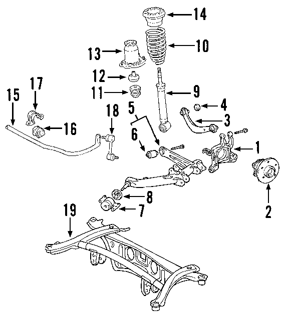 Diagram REAR SUSPENSION. LOWER CONTROL ARM. STABILIZER BAR. SUSPENSION COMPONENTS. UPPER CONTROL ARM. for your 2005 Toyota Matrix  XR Wagon 