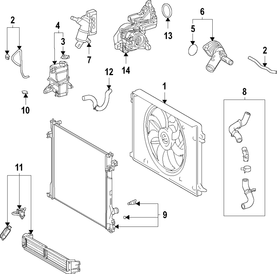 Diagram Cooling system. Cooling fan. Radiator. Water pump. for your 2012 Toyota Highlander   