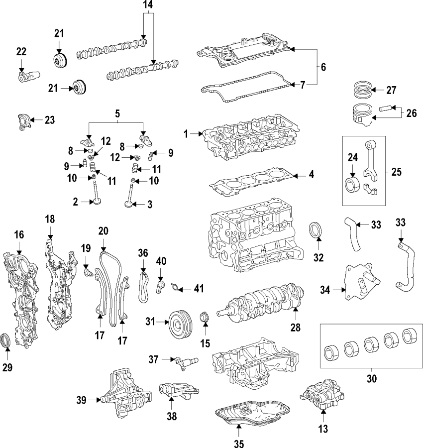 Diagram Camshaft & timing. Crankshaft & bearings. Cylinder head & valves. Lubrication. Mounts. Pistons. Rings & bearings. for your 2010 Toyota Matrix   