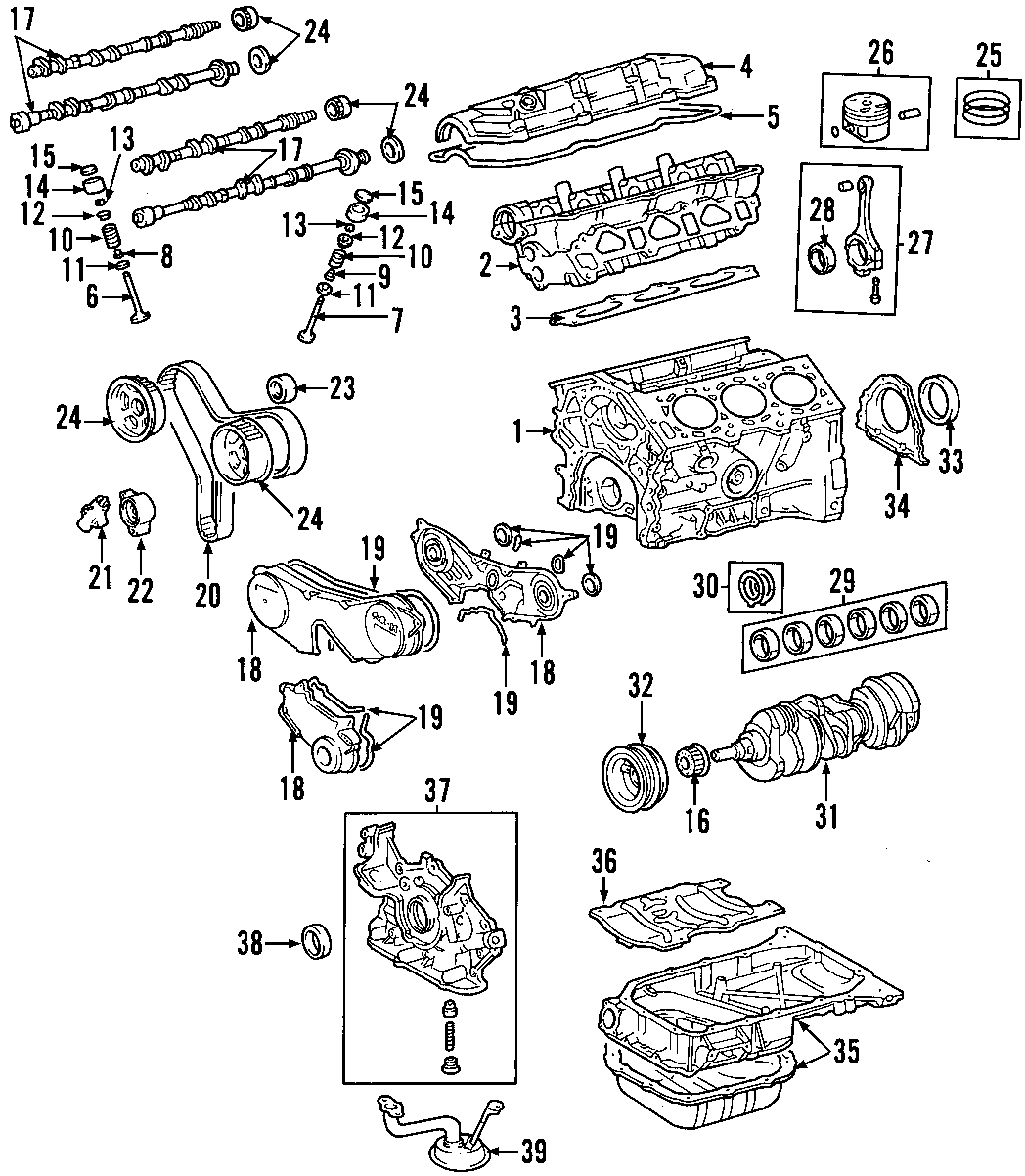 Diagram CAMSHAFT & TIMING. CRANKSHAFT & BEARINGS. CYLINDER HEAD & VALVES. LUBRICATION. MOUNTS. PISTONS. RINGS & BEARINGS. for your Toyota Highlander  