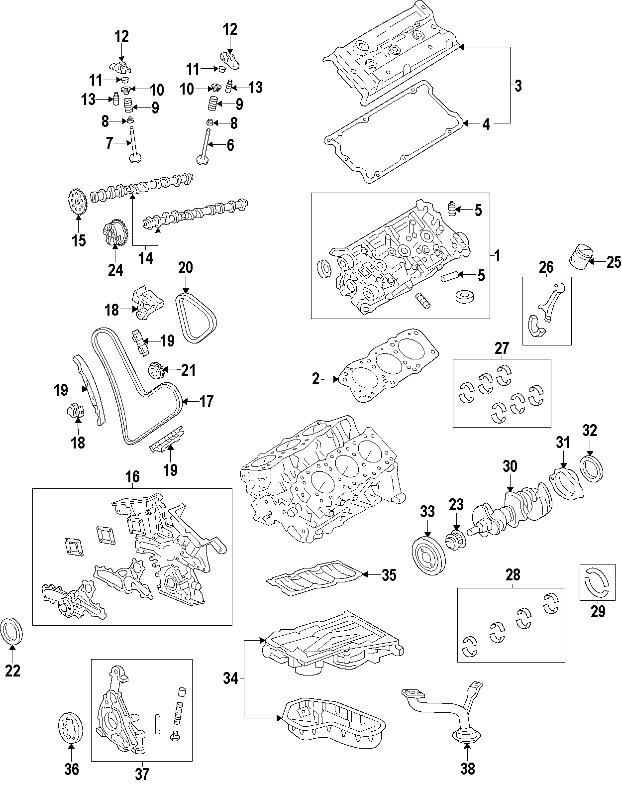 Diagram CAMSHAFT & TIMING. CRANKSHAFT & BEARINGS. CYLINDER HEAD & VALVES. LUBRICATION. MOUNTS. PISTONS. RINGS & BEARINGS. for your 2002 Toyota Tacoma   