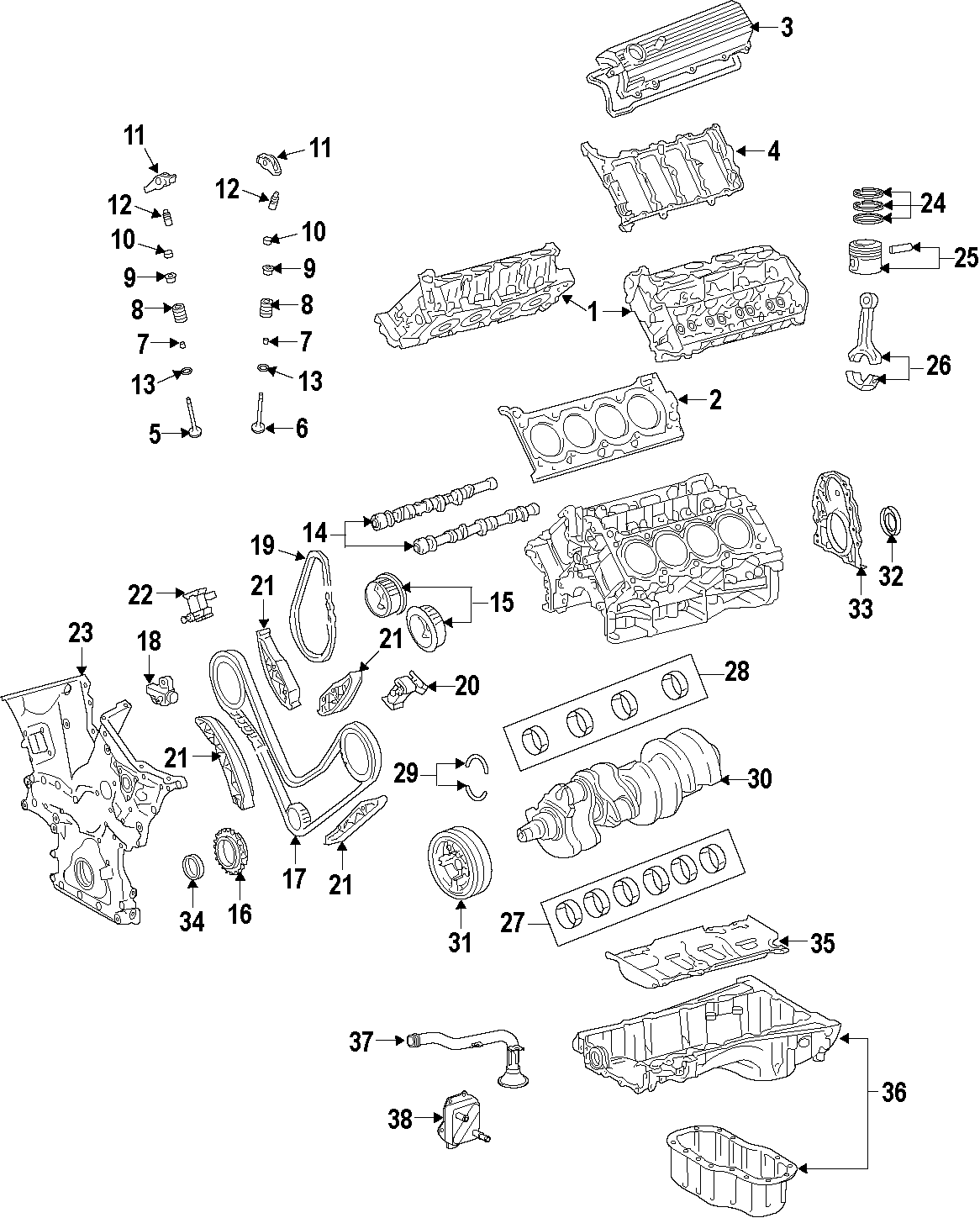 Diagram CAMSHAFT & TIMING. CRANKSHAFT & BEARINGS. CYLINDER HEAD & VALVES. LUBRICATION. MOUNTS. PISTONS. RINGS & BEARINGS. for your 1998 Toyota Tacoma   