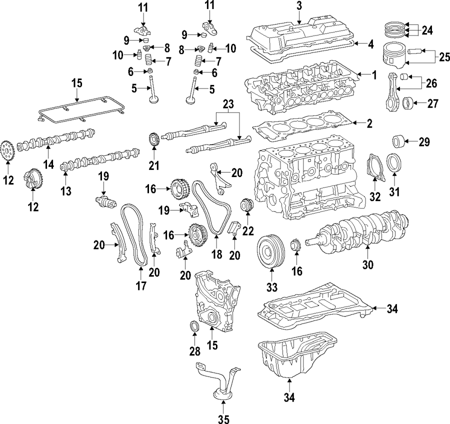 Diagram CAMSHAFT & TIMING. CRANKSHAFT & BEARINGS. CYLINDER HEAD & VALVES. LUBRICATION. MOUNTS. PISTONS. RINGS & BEARINGS. for your 1998 Toyota Tacoma   