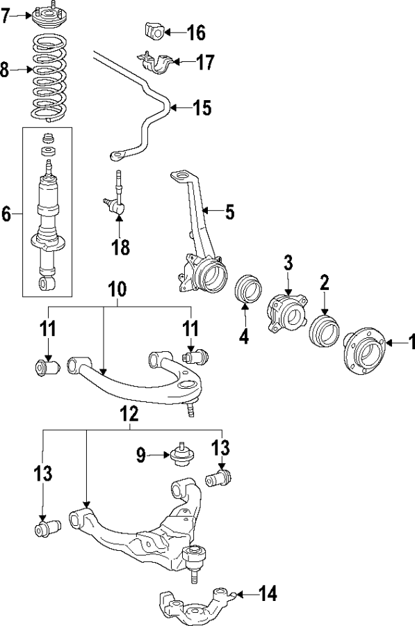 Diagram FRONT SUSPENSION. LOWER CONTROL ARM. STABILIZER BAR. SUSPENSION COMPONENTS. UPPER CONTROL ARM. for your 2021 Toyota Tacoma   