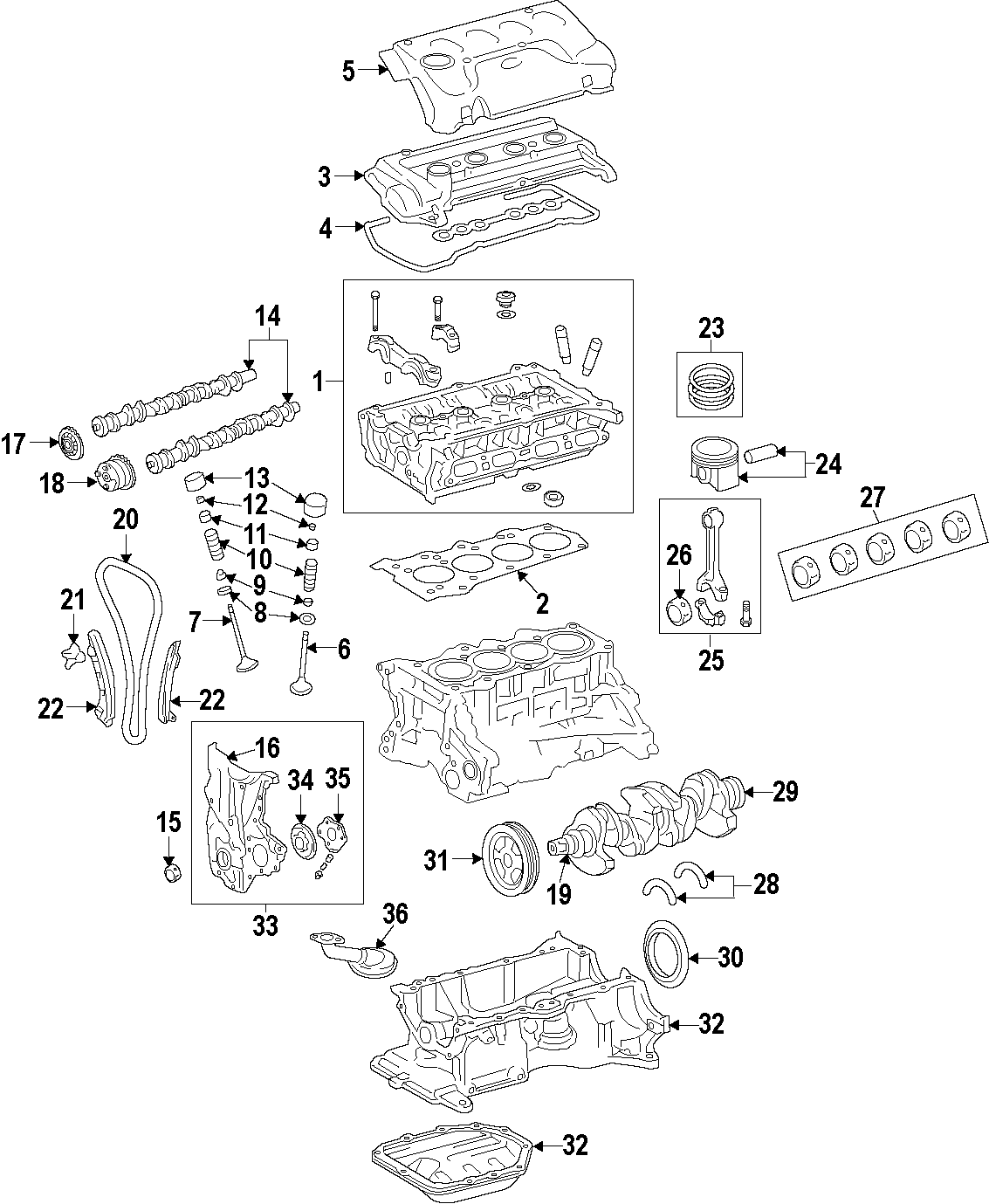 Diagram CAMSHAFT & TIMING. CRANKSHAFT & BEARINGS. CYLINDER HEAD & VALVES. LUBRICATION. MOUNTS. PISTONS. RINGS & BEARINGS. for your 2008 Toyota Tacoma  Base Crew Cab Pickup Fleetside 