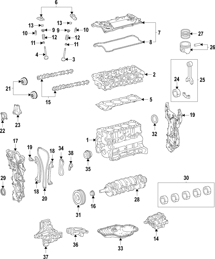 Diagram Camshaft & timing. Crankshaft & bearings. Cylinder head & valves. Lubrication. Mounts. Pistons. Rings & bearings. for your 2008 Toyota Tacoma 4.0L V6 A/T 4WD Base Crew Cab Pickup Fleetside 