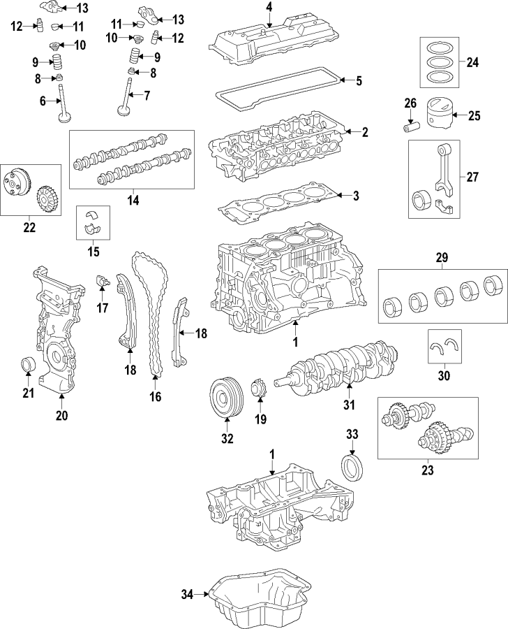 Diagram CAMSHAFT & TIMING. CRANKSHAFT & BEARINGS. CYLINDER HEAD & VALVES. LUBRICATION. MOUNTS. PISTONS. RINGS & BEARINGS. for your 2022 Toyota Highlander  Hybrid XLE Sport Utility 