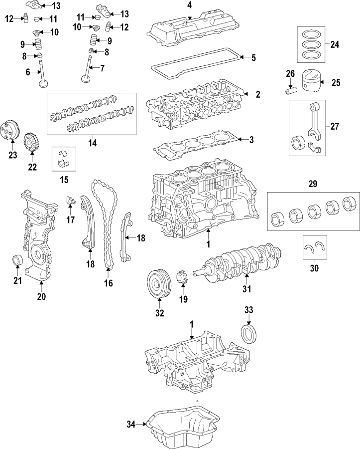 Diagram CAMSHAFT & TIMING. CRANKSHAFT & BEARINGS. CYLINDER HEAD & VALVES. LUBRICATION. MOUNTS. PISTONS. RINGS & BEARINGS. for your 2008 Toyota Highlander   