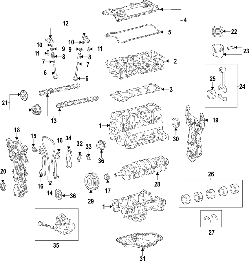 Diagram CAMSHAFT & TIMING. CRANKSHAFT & BEARINGS. CYLINDER HEAD & VALVES. LUBRICATION. MOUNTS. PISTONS. RINGS & BEARINGS. for your Toyota