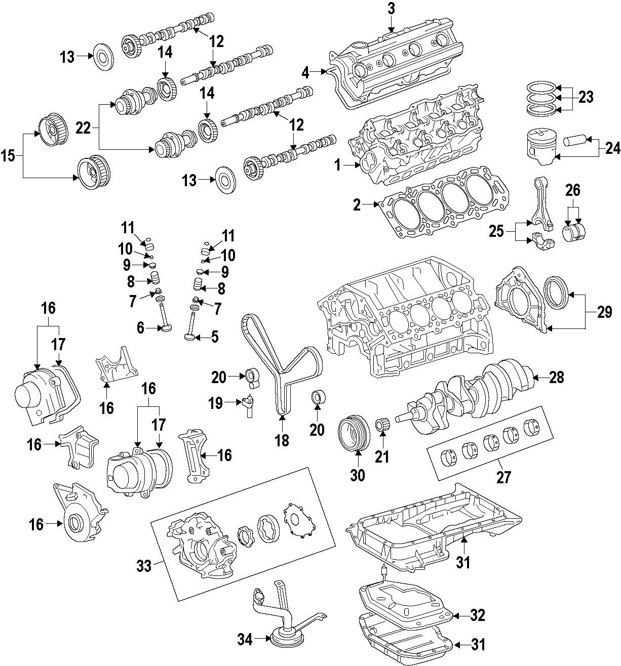 Diagram CAMSHAFT & TIMING. CRANKSHAFT & BEARINGS. CYLINDER HEAD & VALVES. LUBRICATION. MOUNTS. PISTONS. RINGS & BEARINGS. for your 2008 Toyota Highlander  Sport Sport Utility 