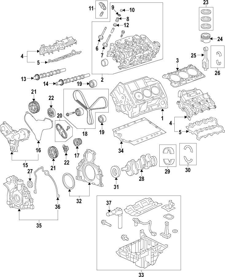 Diagram CAMSHAFT & TIMING. CRANKSHAFT & BEARINGS. CYLINDER HEAD & VALVES. LUBRICATION. for your 2016 Land Rover Range Rover   