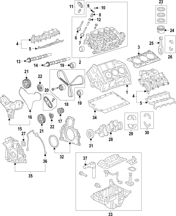 Diagram CAMSHAFT & TIMING. CRANKSHAFT & BEARINGS. CYLINDER HEAD & VALVES. LUBRICATION. for your Land Rover Range Rover Sport  