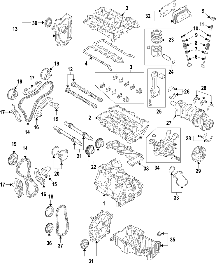 Diagram CAMSHAFT & TIMING. CRANKSHAFT & BEARINGS. CYLINDER HEAD & VALVES. LUBRICATION. MOUNTS. PISTONS. RINGS & BEARINGS. for your 2020 Land Rover Discovery Sport  R-Dynamic HSE Sport Utility 