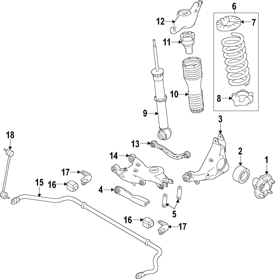 Diagram REAR SUSPENSION. LOWER CONTROL ARM. STABILIZER BAR. SUSPENSION COMPONENTS. UPPER CONTROL ARM. for your Land Rover Range Rover Sport  