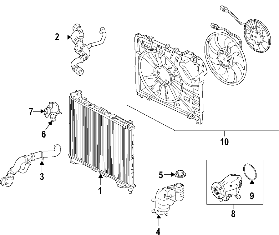 Diagram COOLING SYSTEM. COOLING FAN. RADIATOR. WATER PUMP. for your 2023 Land Rover Range Rover Velar   