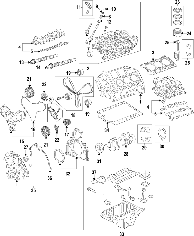 Diagram CAMSHAFT & TIMING. CRANKSHAFT & BEARINGS. CYLINDER HEAD & VALVES. LUBRICATION. for your 2023 Land Rover Defender 90  S Sport Utility 