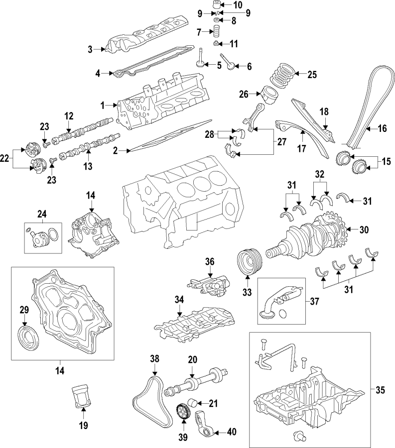 Diagram CAMSHAFT & TIMING. CRANKSHAFT & BEARINGS. CYLINDER HEAD & VALVES. LUBRICATION. for your 2020 Land Rover Range Rover Evoque  R-Dynamic HSE Sport Utility 