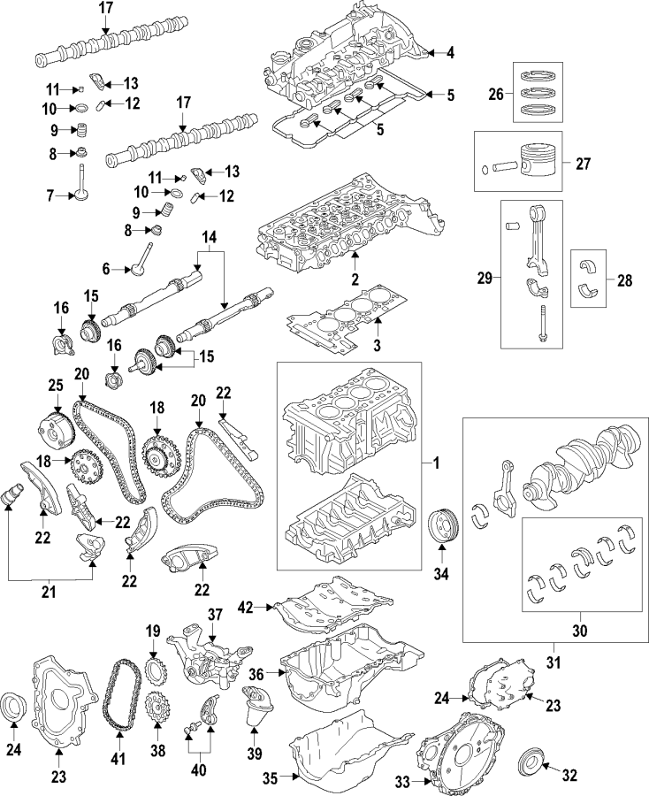 Diagram CAMSHAFT & TIMING. CRANKSHAFT & BEARINGS. CYLINDER HEAD & VALVES. LUBRICATION. MOUNTS. PISTONS. RINGS & BEARINGS. for your 2018 Land Rover Range Rover Velar  R-Dynamic HSE Sport Utility 