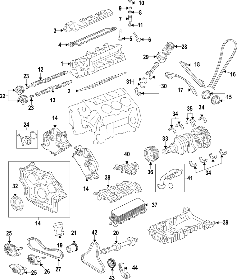 Diagram CAMSHAFT & TIMING. CRANKSHAFT & BEARINGS. CYLINDER HEAD & VALVES. LUBRICATION. for your 2015 Land Rover Range Rover Evoque   