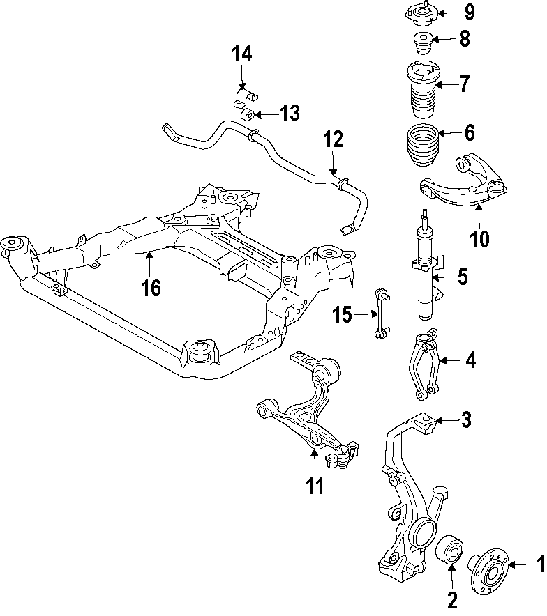 Diagram FRONT SUSPENSION. LOWER CONTROL ARM. STABILIZER BAR. SUSPENSION COMPONENTS. UPPER CONTROL ARM. for your 2023 Mazda CX-5   