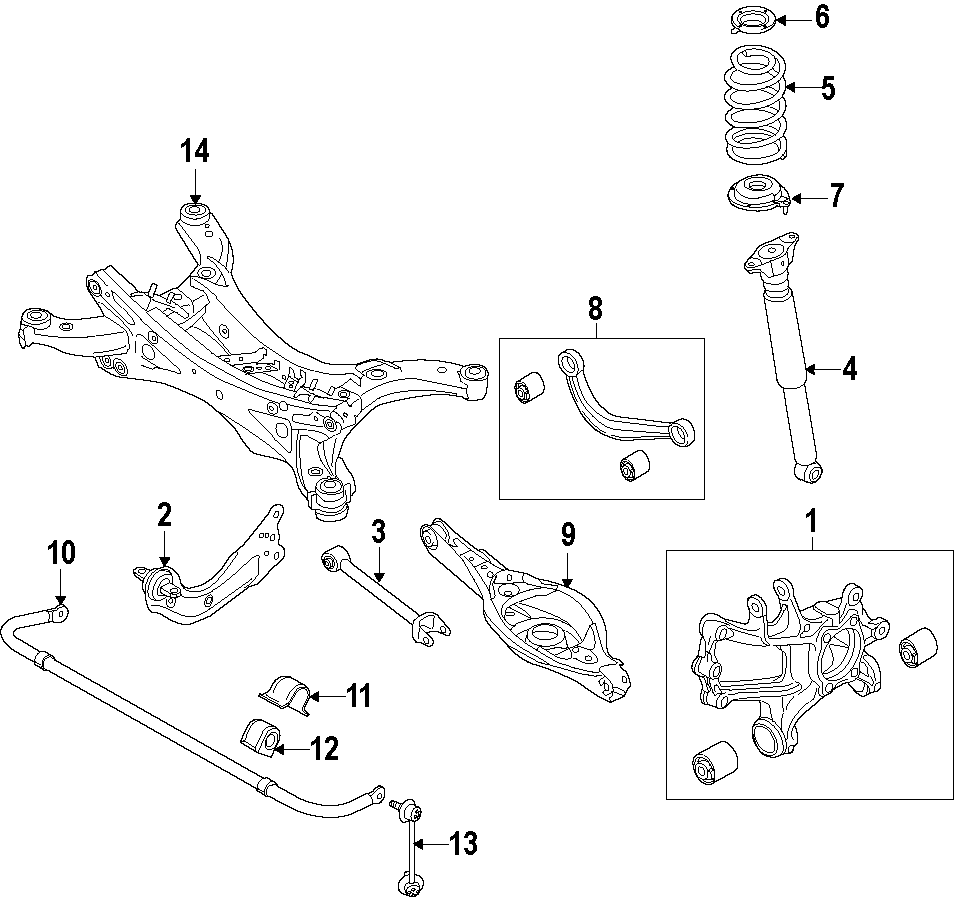 Diagram REAR SUSPENSION. LOWER CONTROL ARM. STABILIZER BAR. SUSPENSION COMPONENTS. UPPER CONTROL ARM. for your 1997 Mazda Protege  DX Sedan 