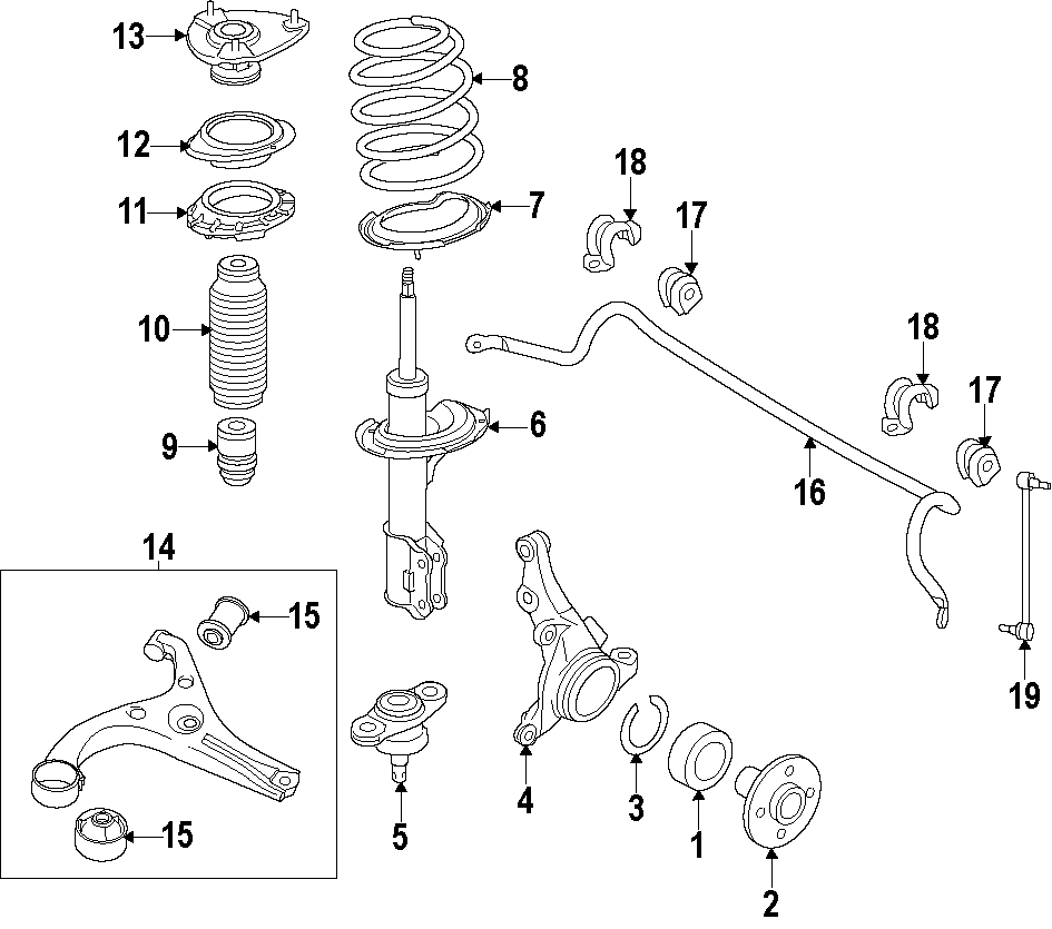 Diagram FRONT SUSPENSION. LOWER CONTROL ARM. STABILIZER BAR. SUSPENSION COMPONENTS. for your 2012 Kia Forte 2.0L Theta II M/T LX Sedan 