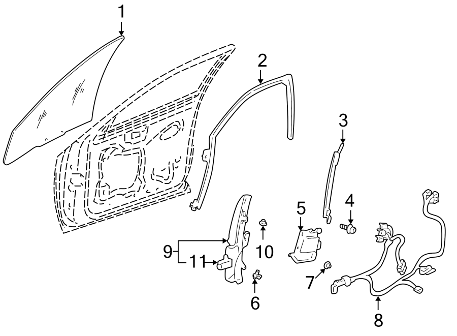 11FRONT DOOR. GLASS & HARDWARE.https://images.simplepart.com/images/parts/motor/fullsize/FA00375.png