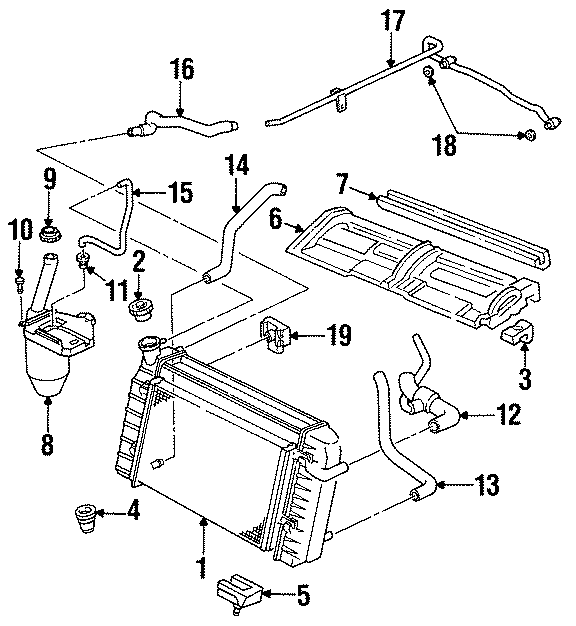 Diagram RADIATOR & COMPONENTS. for your 1995 Chevrolet K2500  Base Standard Cab Pickup Fleetside 4.3L Chevrolet V6 A/T 