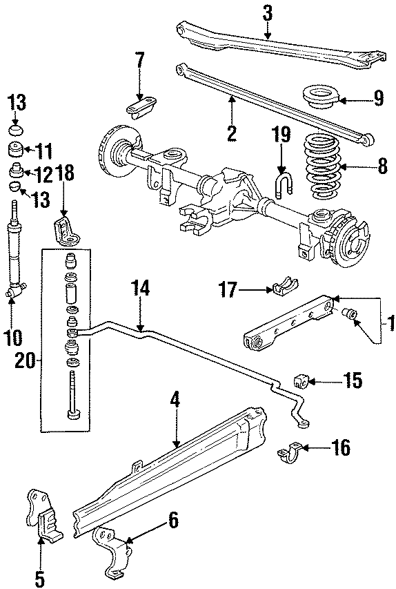 Diagram REAR SUSPENSION. STABILIZER BAR & COMPONENTS. SUSPENSION COMPONENTS. for your 2003 GMC Sonoma SLS Crew Cab Pickup Fleetside 2.2L Vortec M/T RWD 