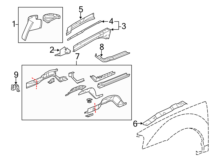 Diagram Fender. Structural components & rails. for your 2015 GMC Sierra 2500 HD 6.6L Duramax V8 DIESEL A/T 4WD SLE Standard Cab Pickup Fleetside 