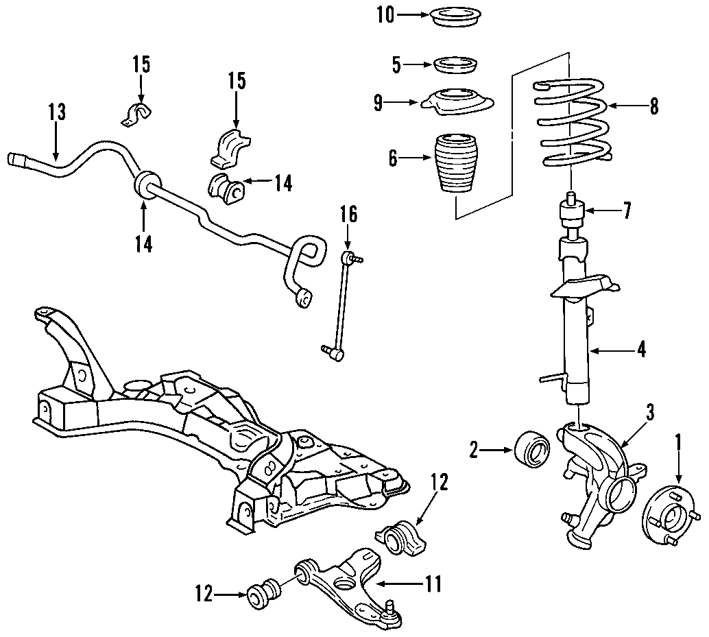 Diagram FRONT SUSPENSION. LOWER CONTROL ARM. SUSPENSION COMPONENTS. for your 2002 Ford Focus   