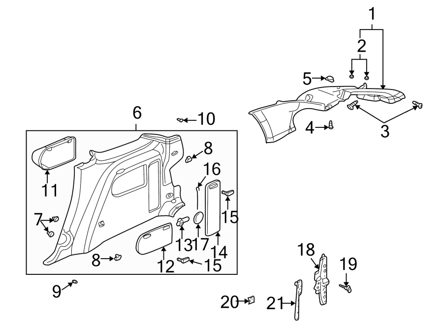 Diagram QUARTER PANEL. INTERIOR TRIM. for your 2012 GMC Sierra 2500 HD 6.0L Vortec V8 FLEX A/T RWD SLE Extended Cab Pickup Fleetside 