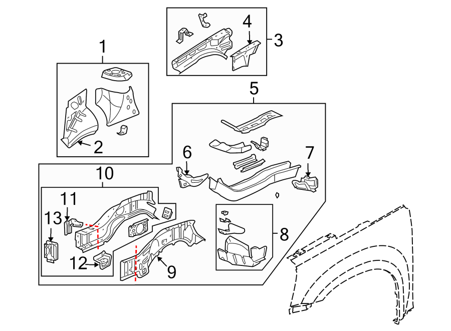 Diagram FENDER. STRUCTURAL COMPONENTS & RAILS. for your 2014 GMC Sierra 2500 HD 6.6L Duramax V8 DIESEL A/T 4WD SLE Standard Cab Pickup Fleetside 