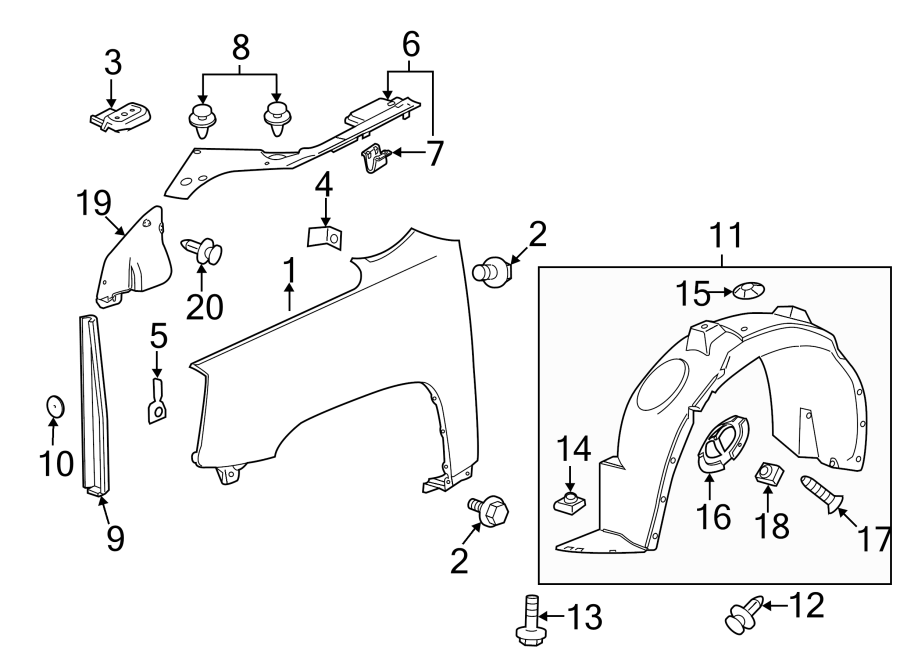 Diagram Fender & components. for your 2020 Chevrolet Silverado 1500 Custom Trail Boss Extended Cab Pickup Fleetside  